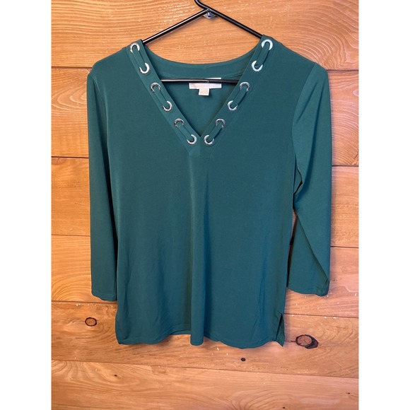 Michael Kors L Top Green V Neck Grommet Embellished 3/4 Sleeve Blouse minimalist - Picture 1 of 9
